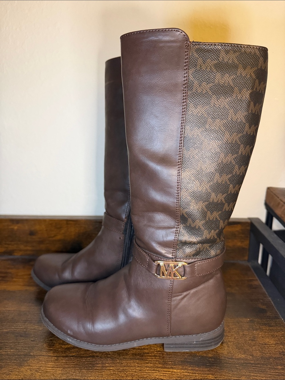 Michael Kors Brown Leather & Logo Tall Boot with MK Accent